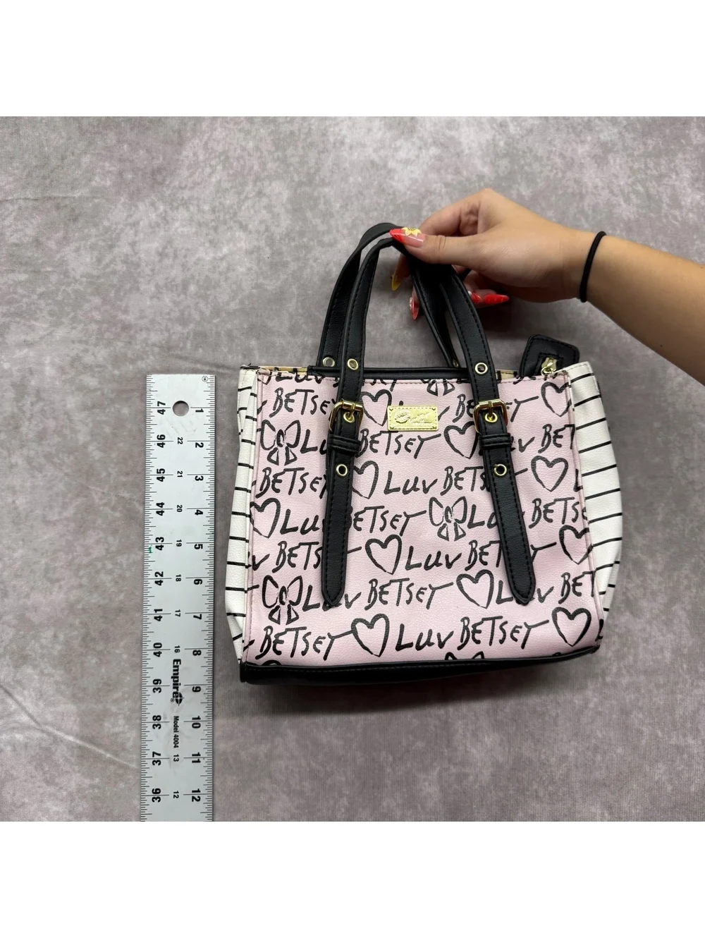 Luv Betsey Johnson Pink Black Graffiti Heart Stripe Mini Satchel Tote Bag